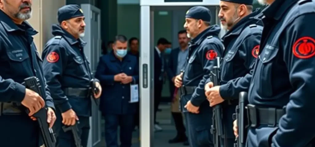 نگهبانان مرد ایرانی در ورودی یک مراسم بزرگ با یونیفرم رسمی
