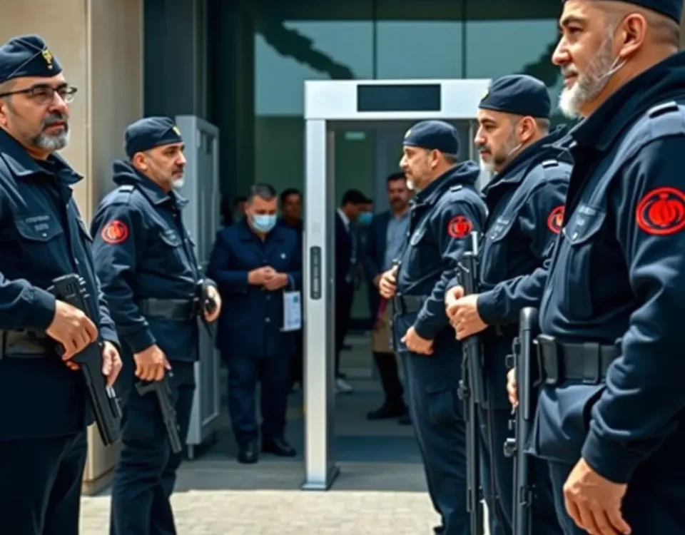نگهبانان مرد ایرانی در ورودی یک مراسم بزرگ با یونیفرم رسمی